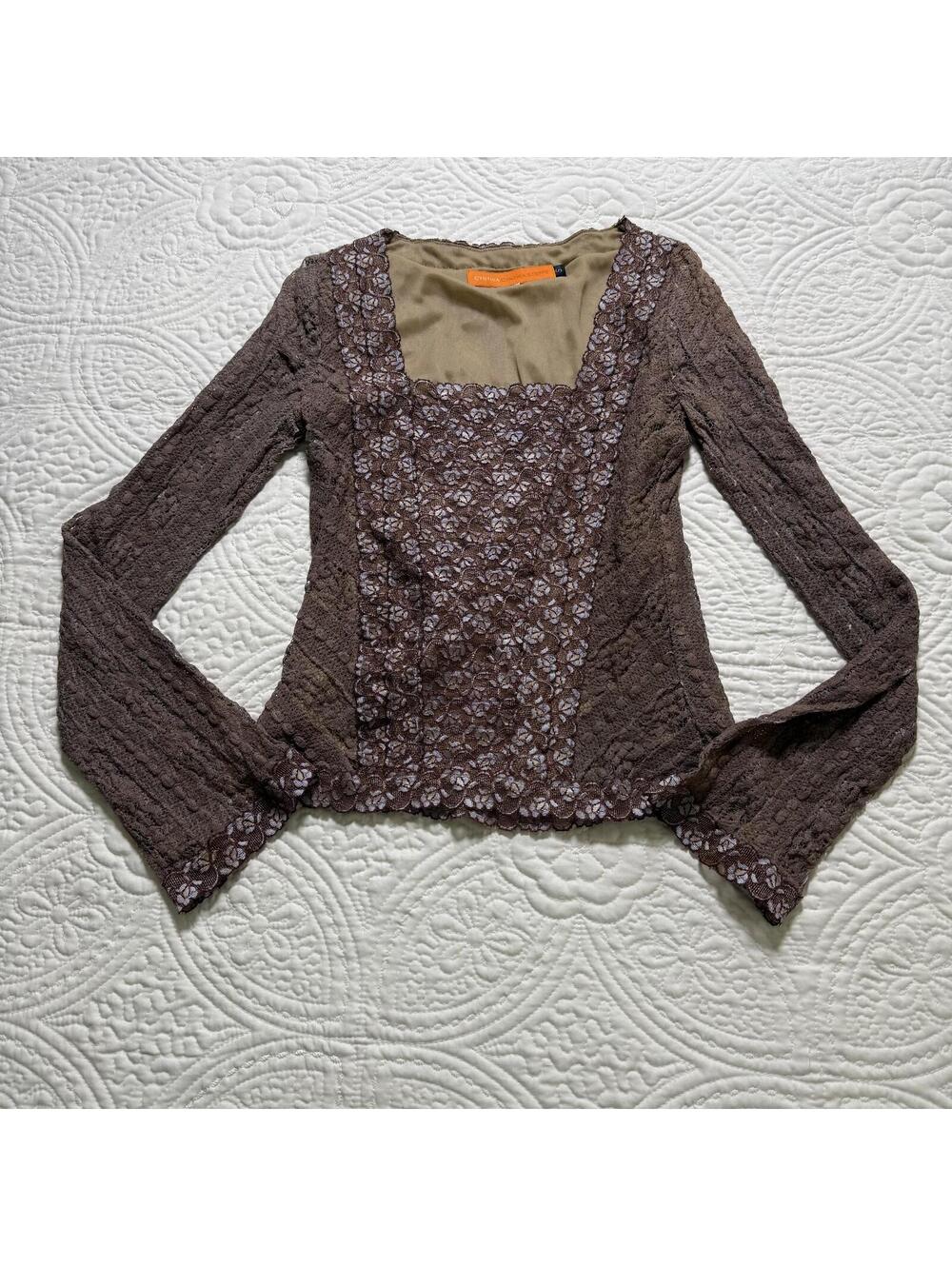 CYNTHIA STEFFE SZ S Brown Lace Boho Festival Square Neck Long Sleeve Shirt